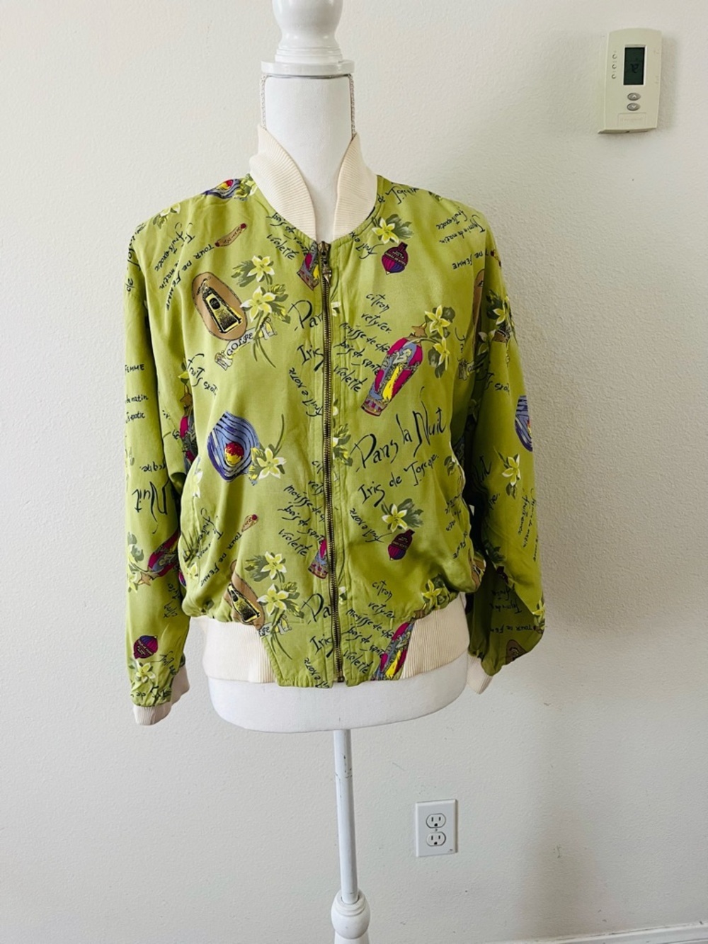 Trina Turk Olive Green Floral & Script Bomber Jacket